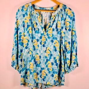 Whimsical Coastal seahorse turquoise blue/yellow v-neck flowy peasant blouse
